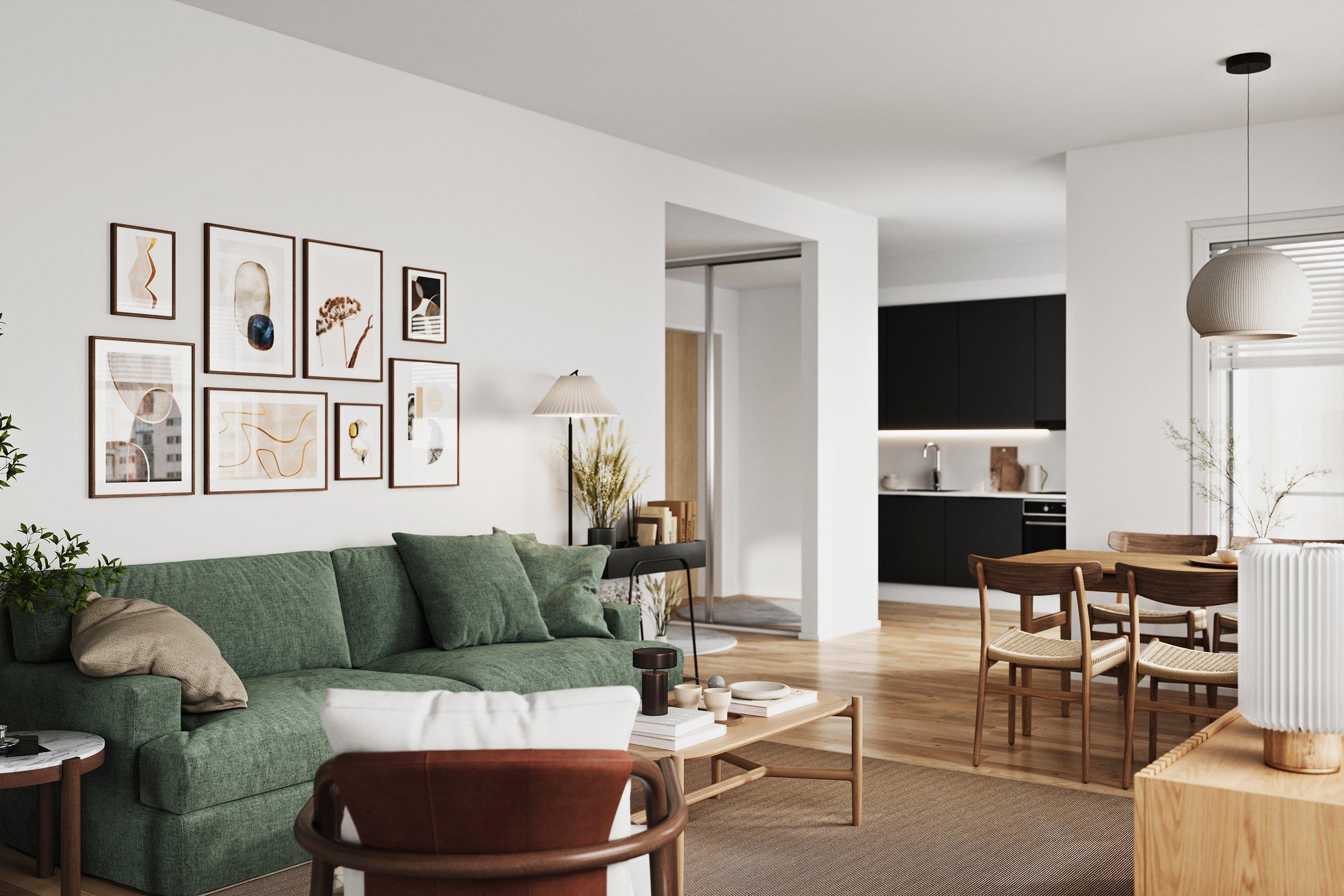 Visualisointikuva 3h+k+s 63,5m2 olohuoneesta