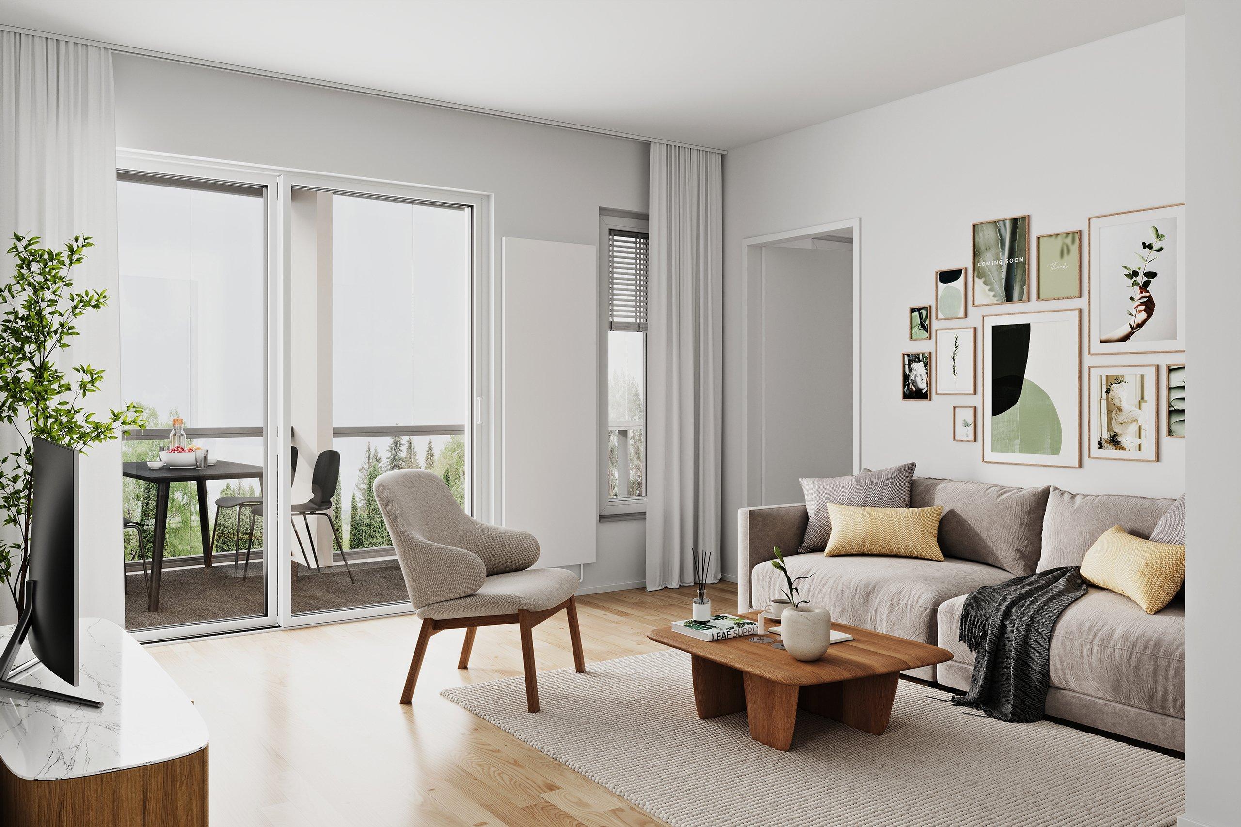 Visualisointikuva 3h+k+s 74m2 oleskelutilasta