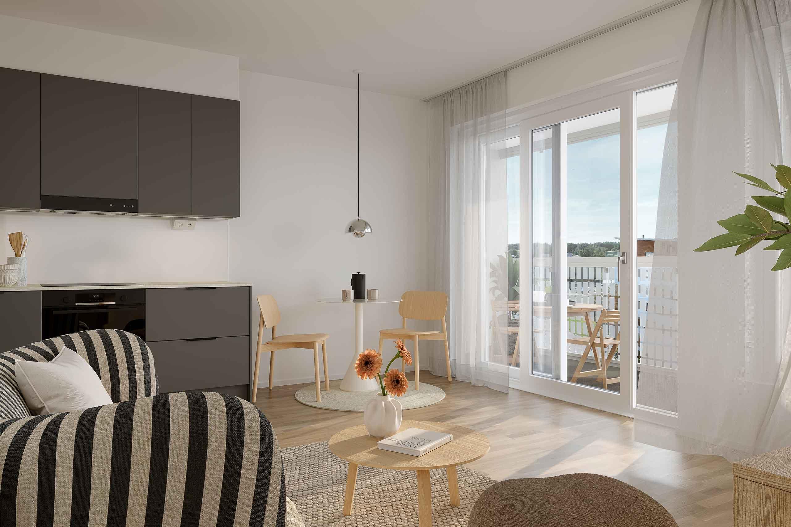 Visualisointikuva asunnon keittotilasta ja olohuoneesta