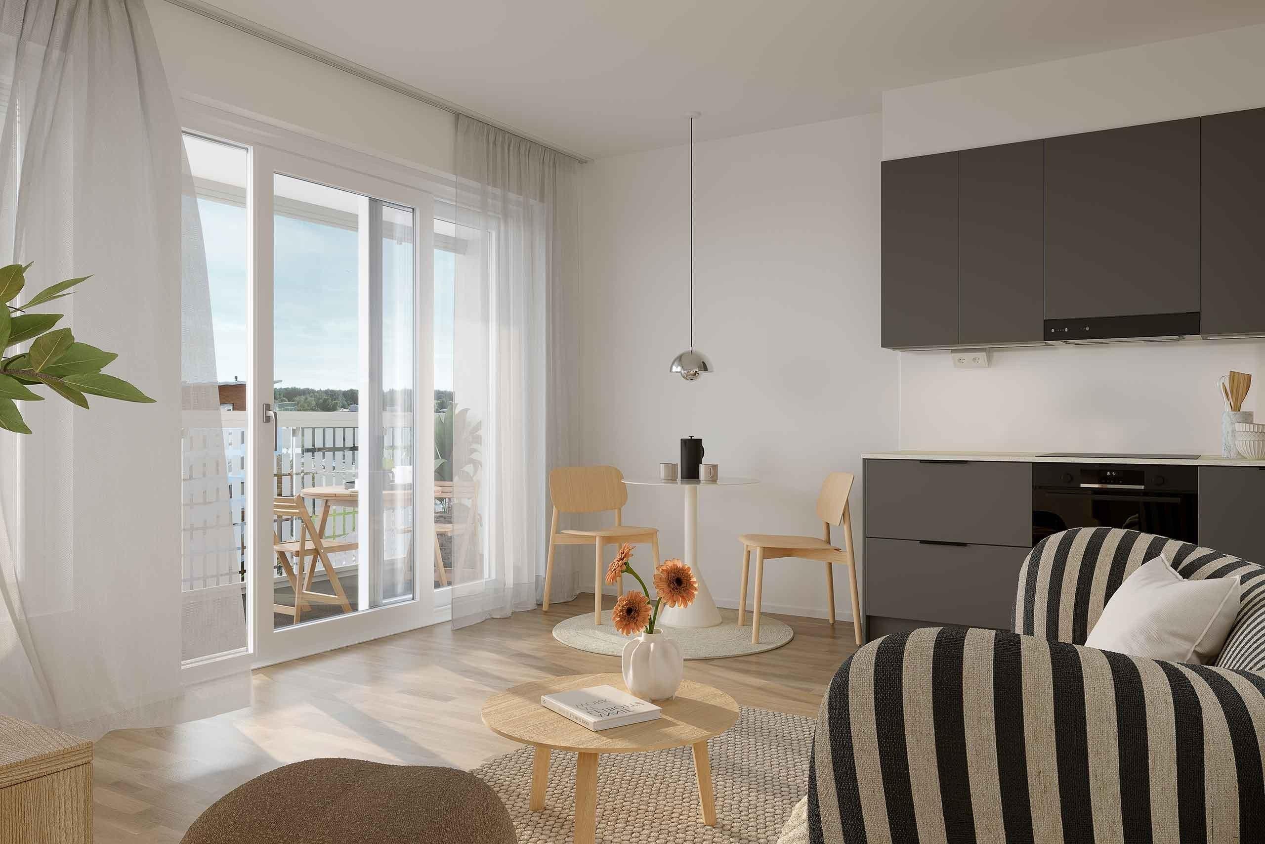 Visualisointikuva asunnon keittotilasta ja olohuoneesta