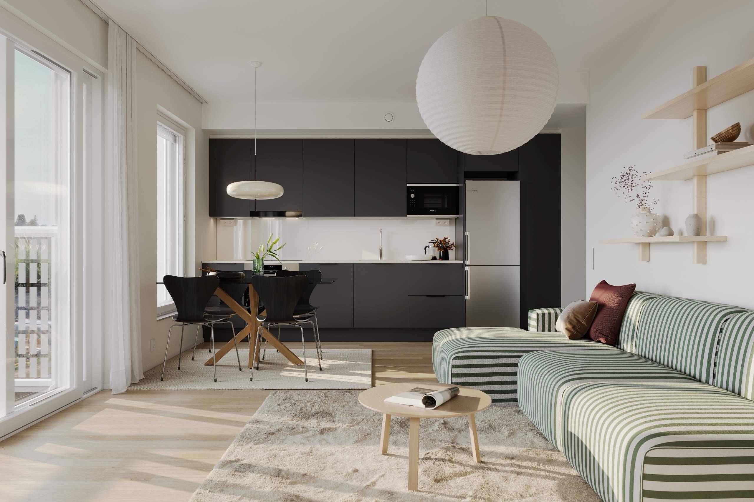 Visualisointikuva asunnon keittotilasta ja olohuoneesta