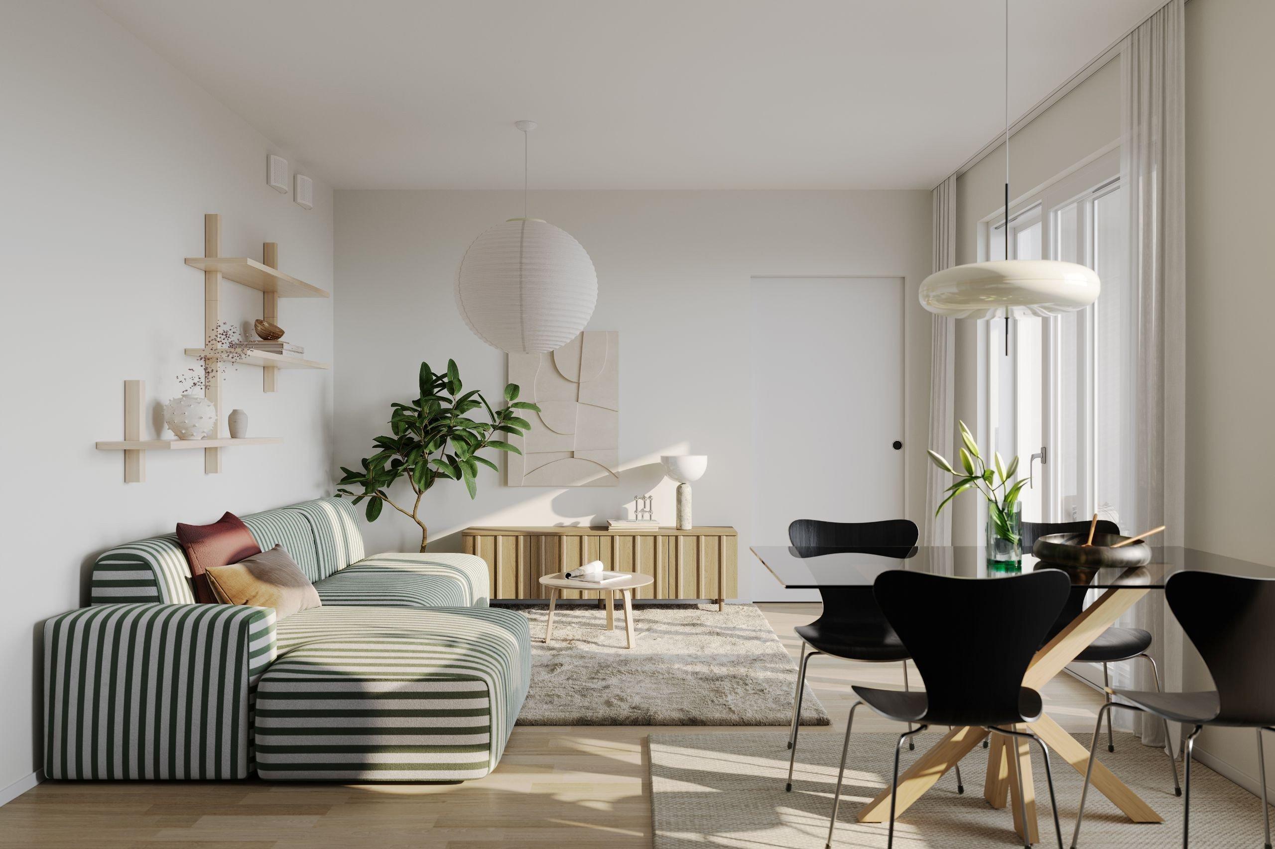 Visualisointikuva asunnon olohuoneesta