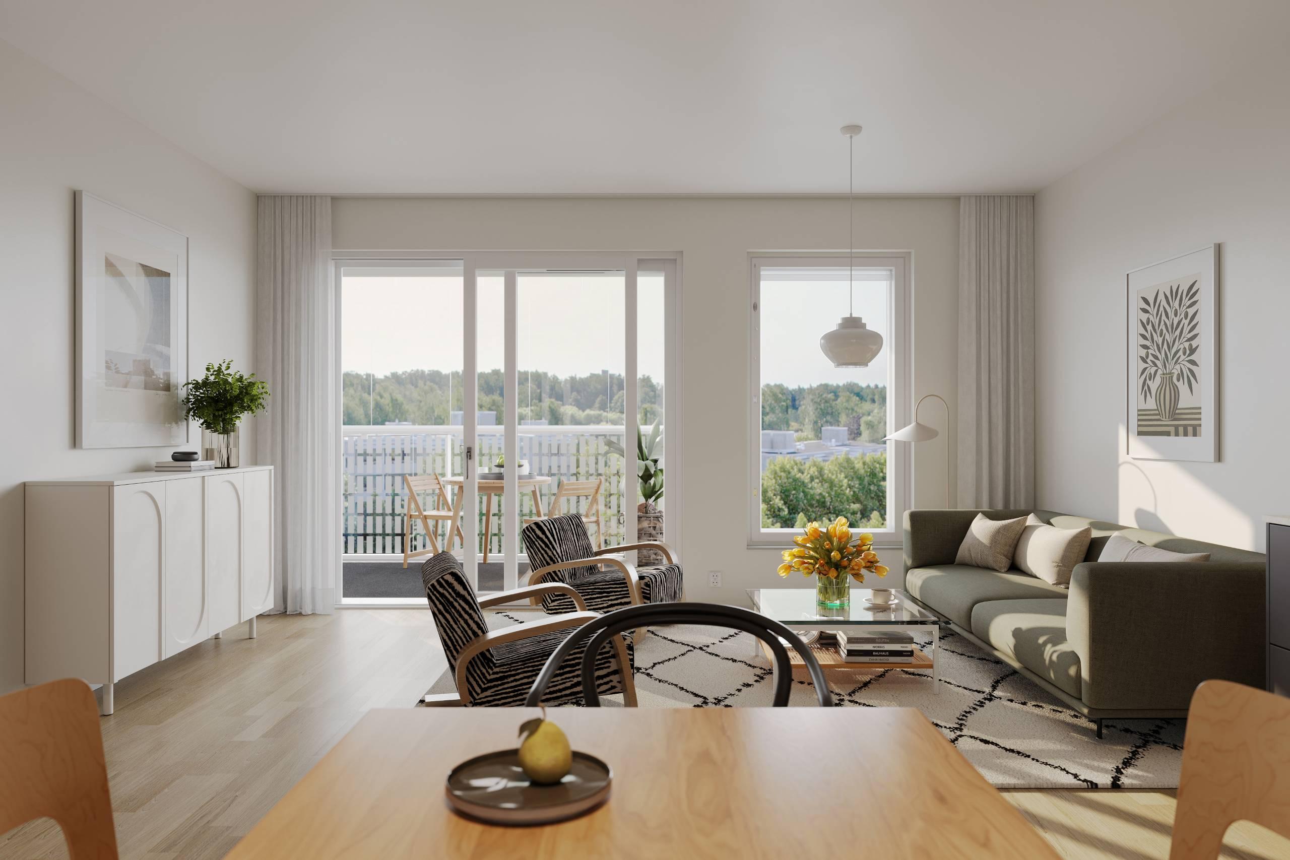 Visualisointikuva asunnon olohuoneesta