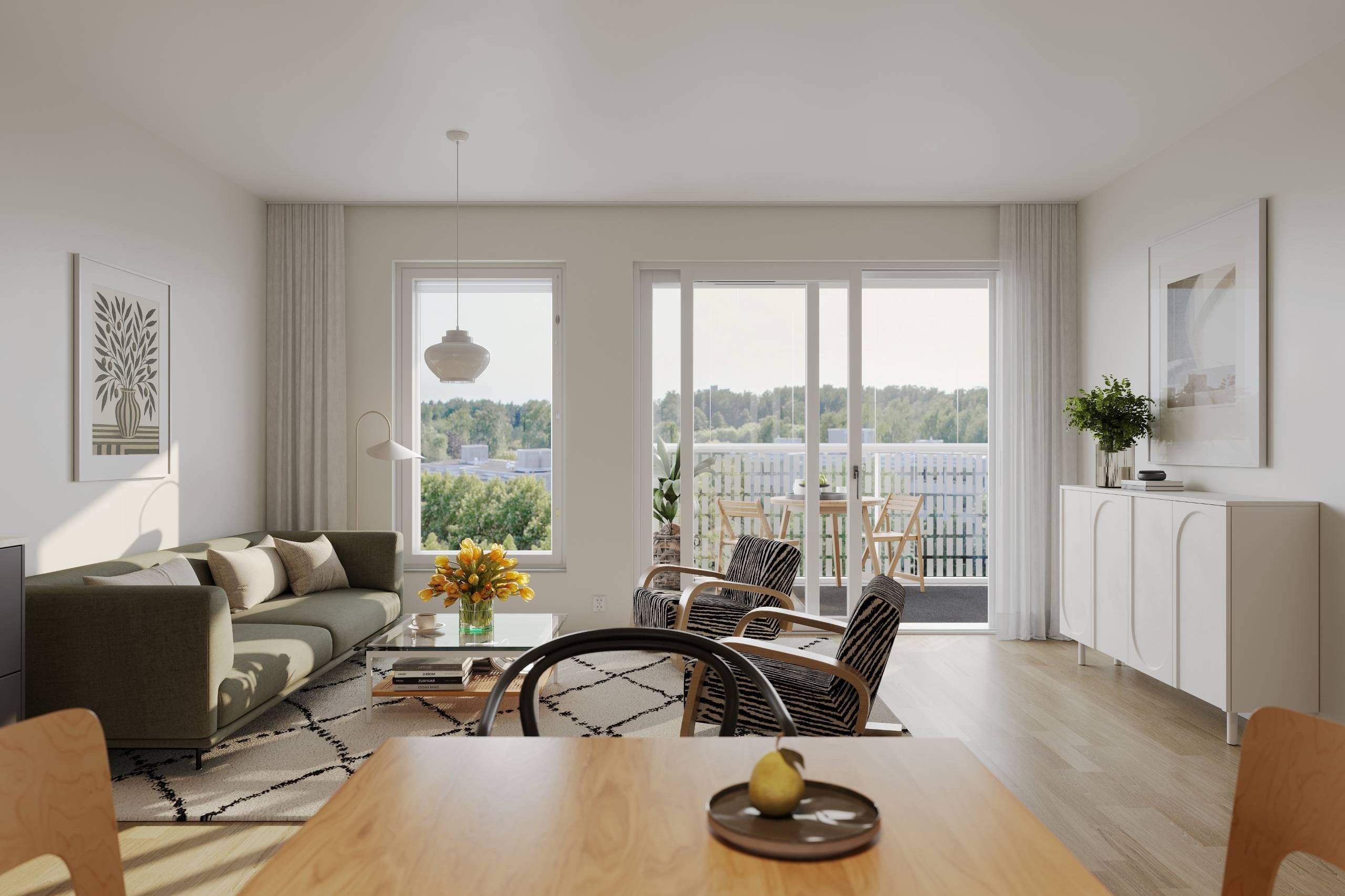 Visualisointikuva asunnon olohuoneesta