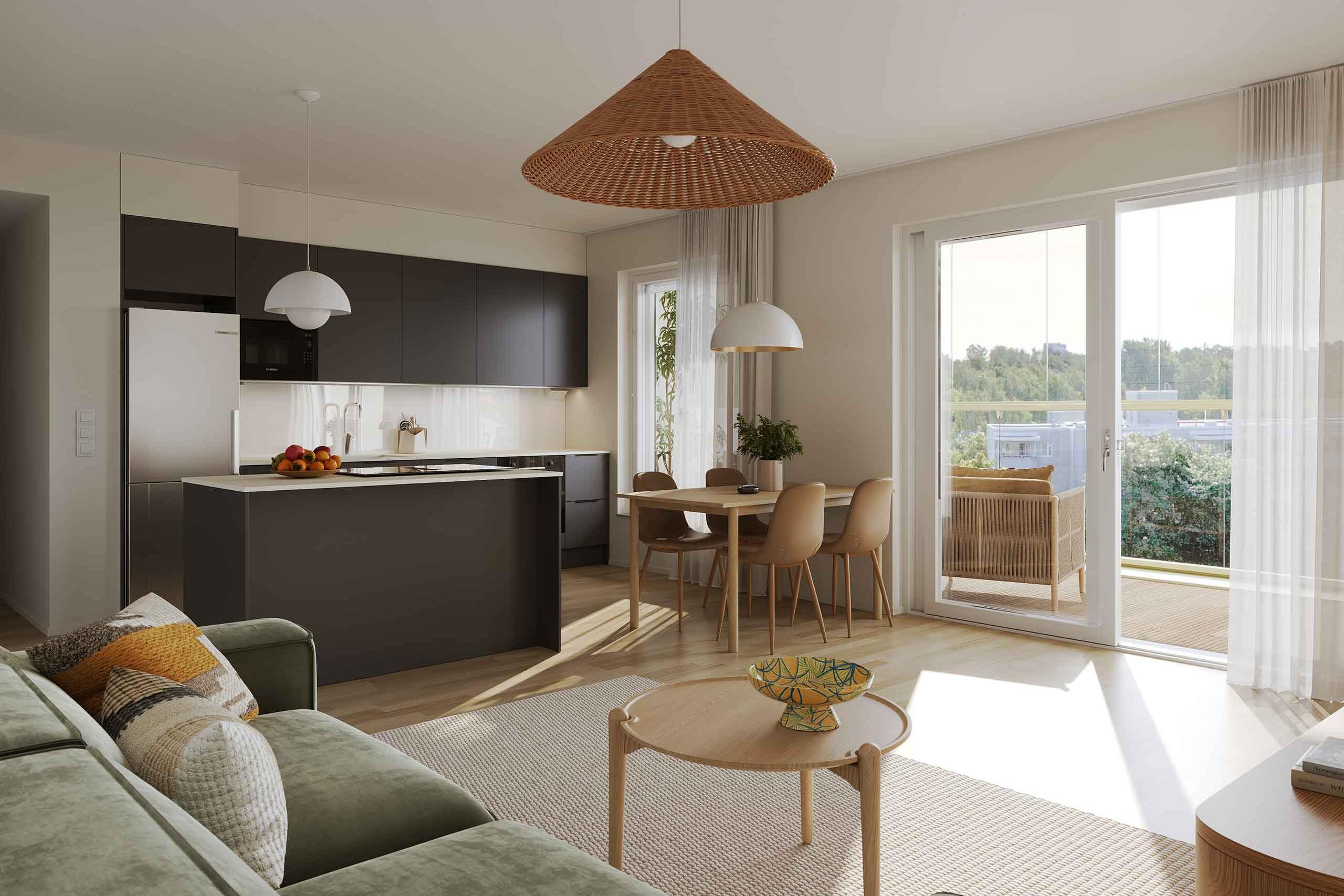 Visualisointikuva asunnon keittotilasta ja olohuoneesta