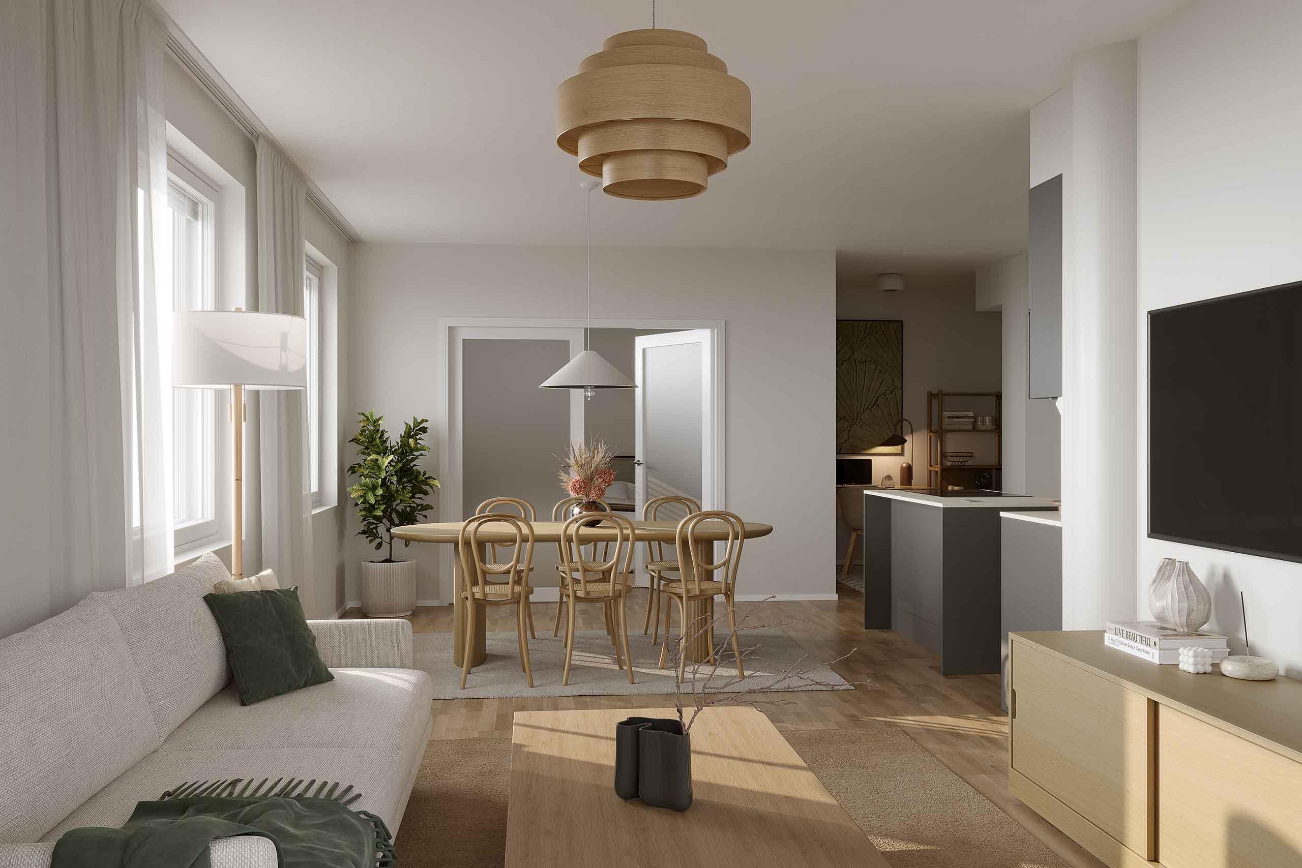 Visualisointikuva asunnon olohuoneesta