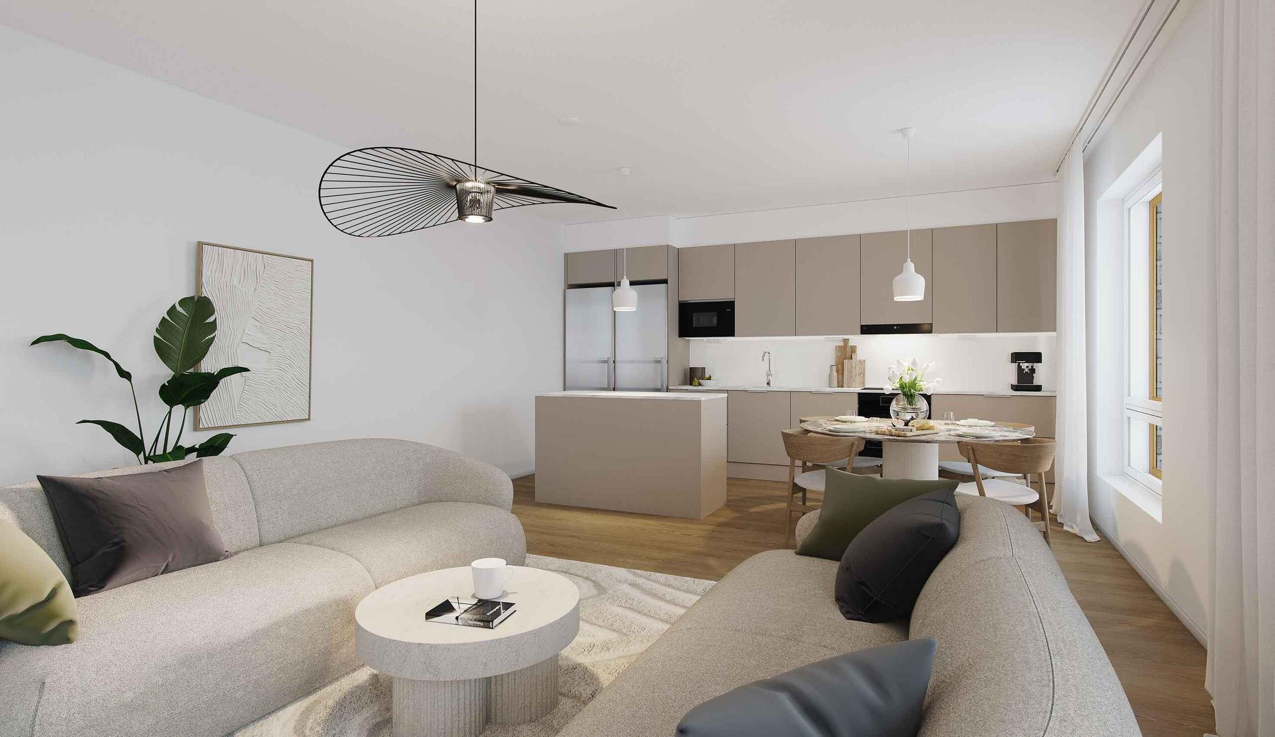 Havainnekuva olohuoneesta ja keittiöstä