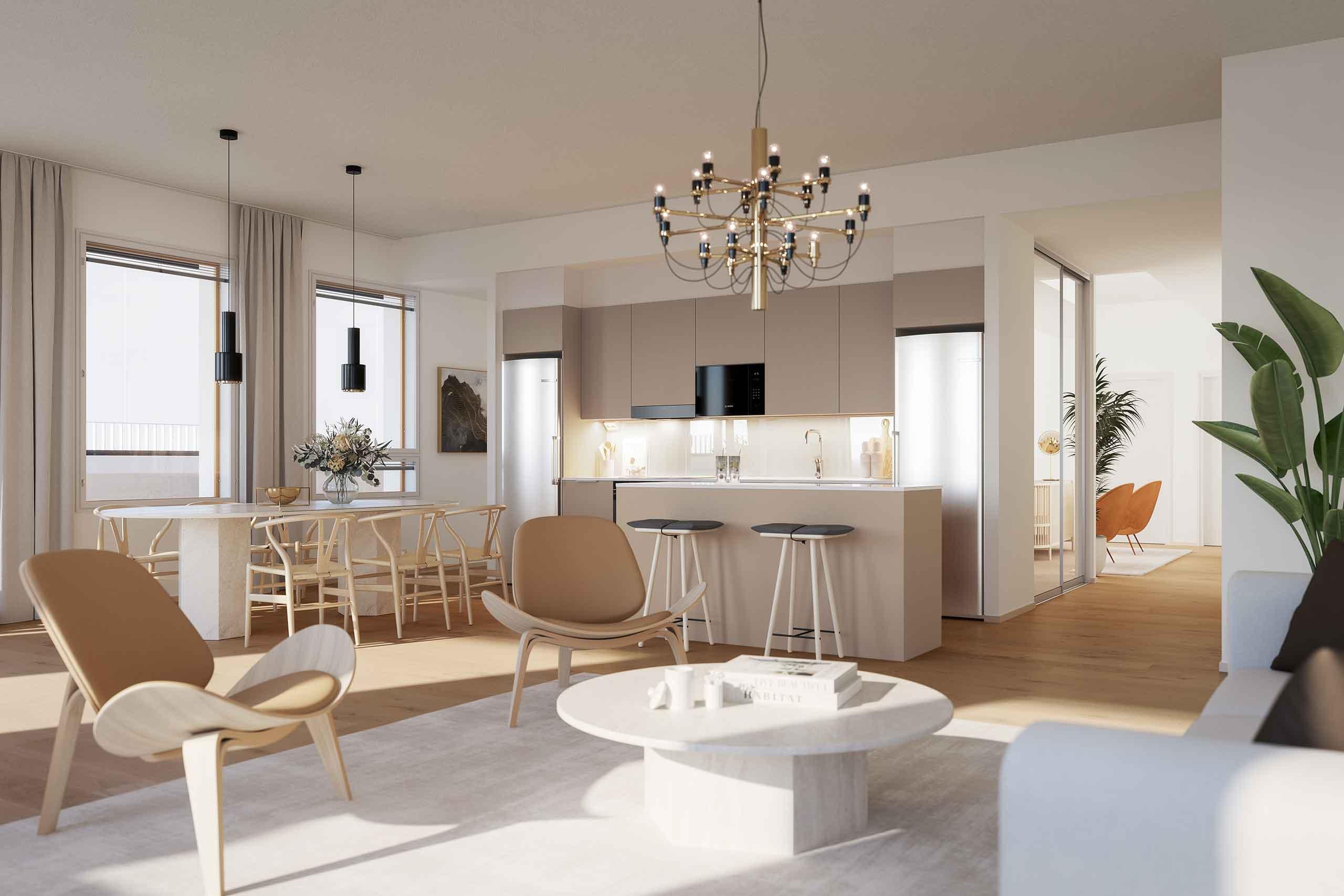 Havainnekuva asunnon olohuoneesta ja keittotilasta