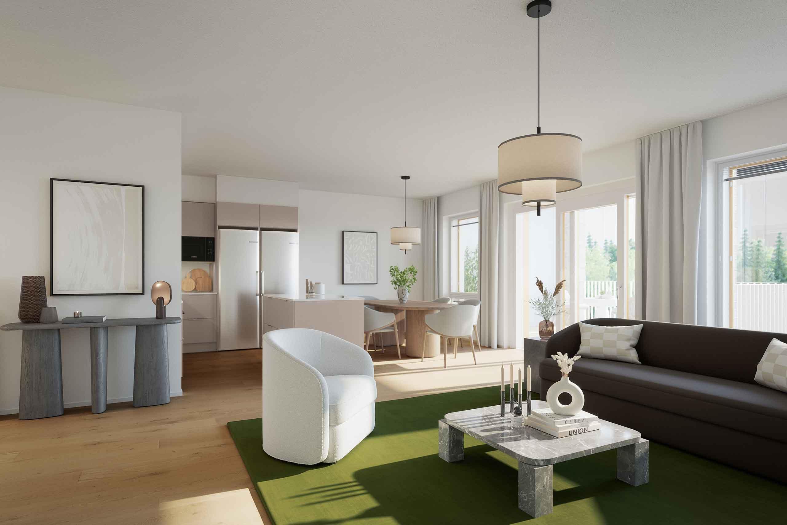 Havainnekuva asunnon olohuoneesta ja keittotilasta