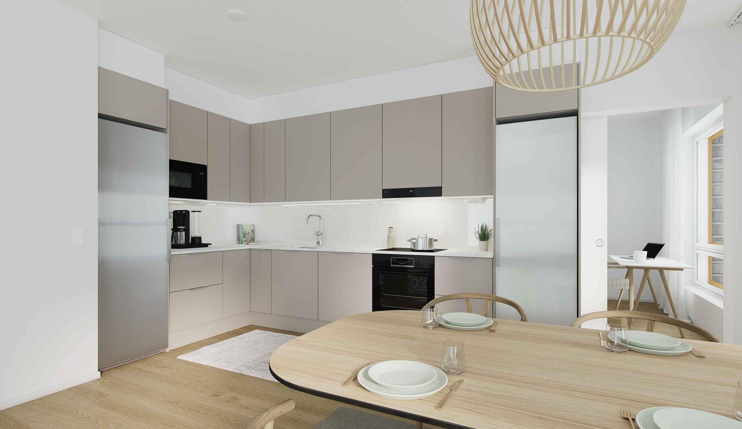 Havainnekuva asunnon keittotilasta