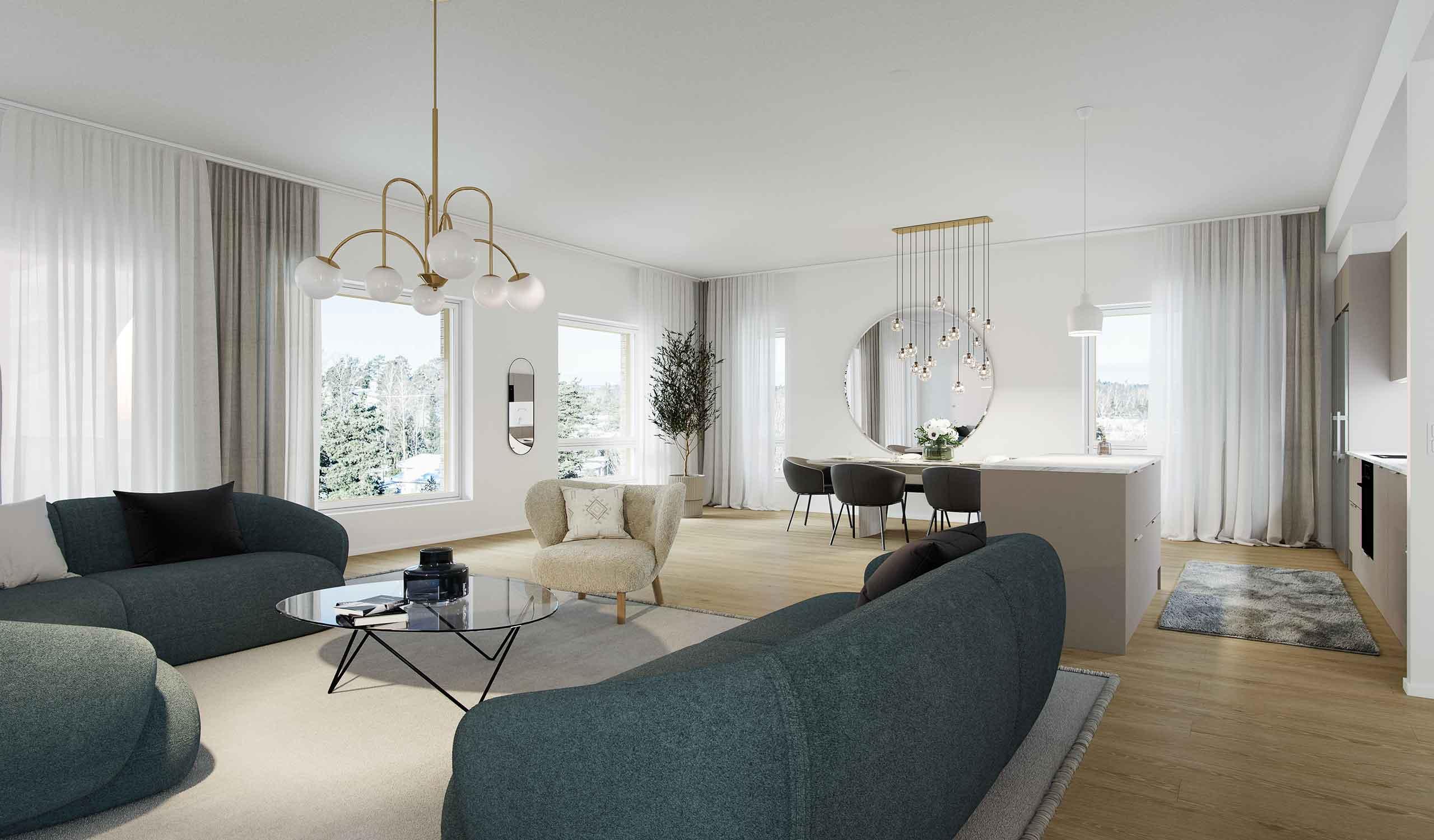 Havainnekuva asunnon olohuoneesta