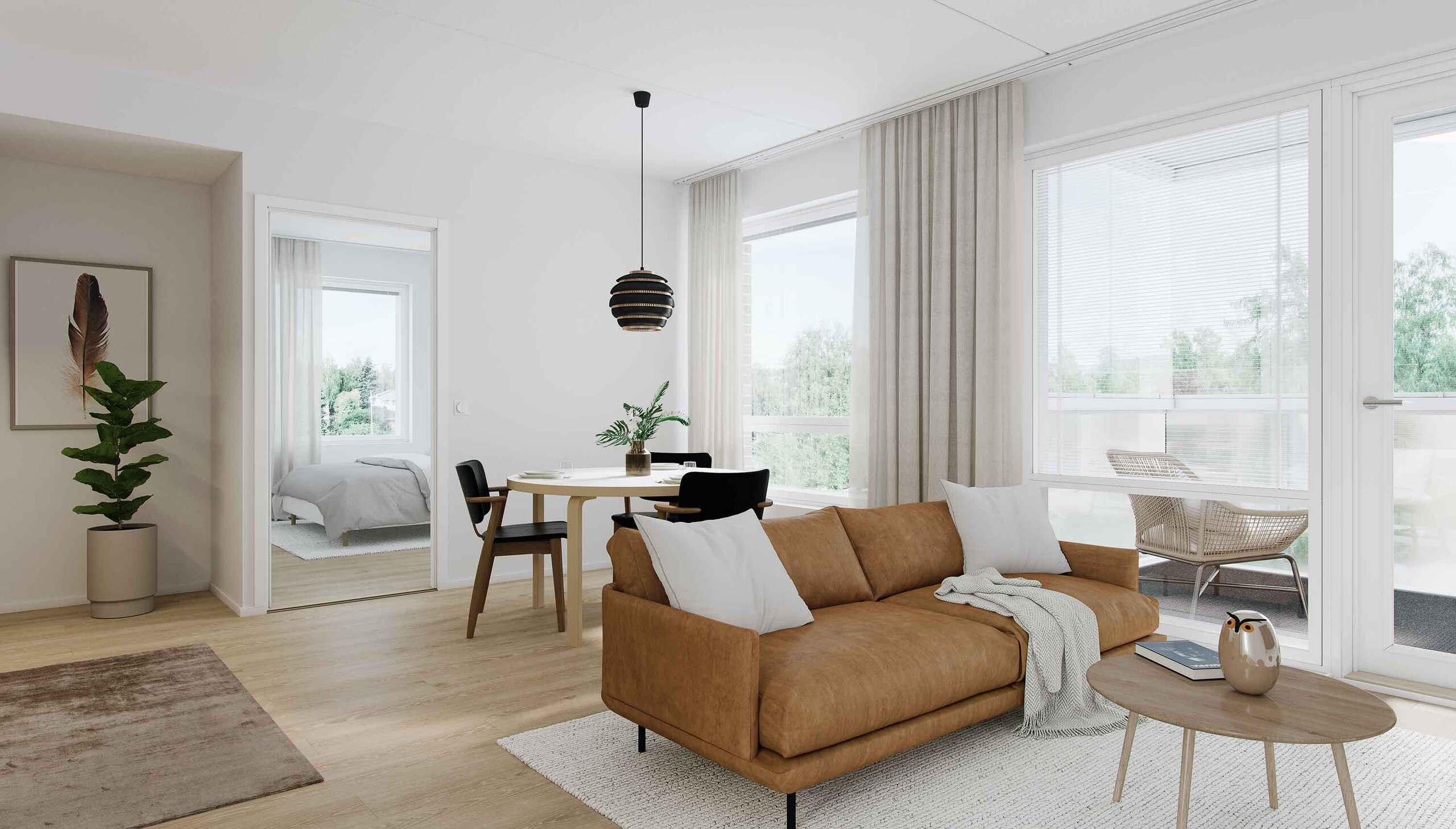 Havainnekuva asunnon olohuoneesta