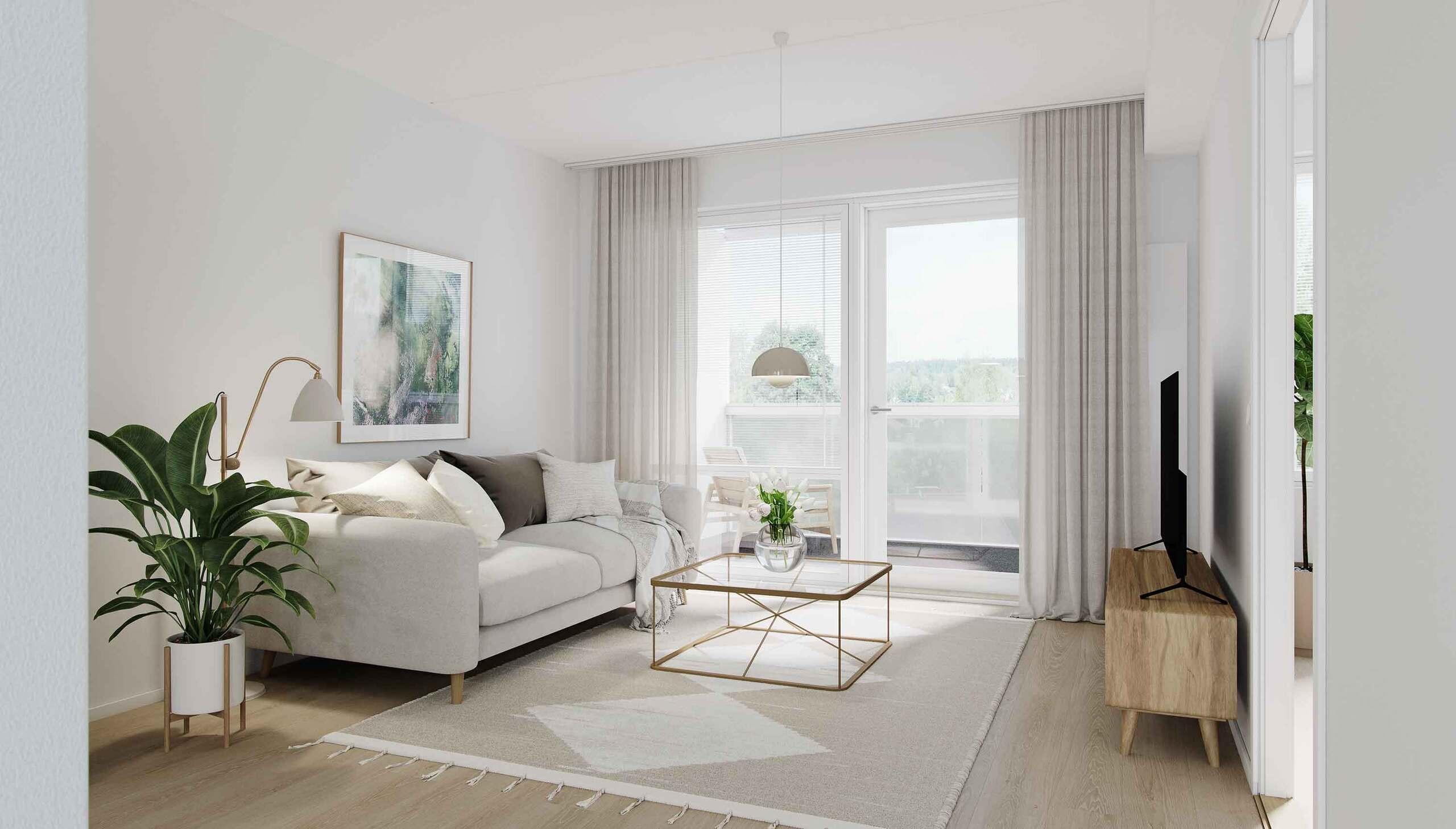 Havainnekuva asunnon olohuoneesta