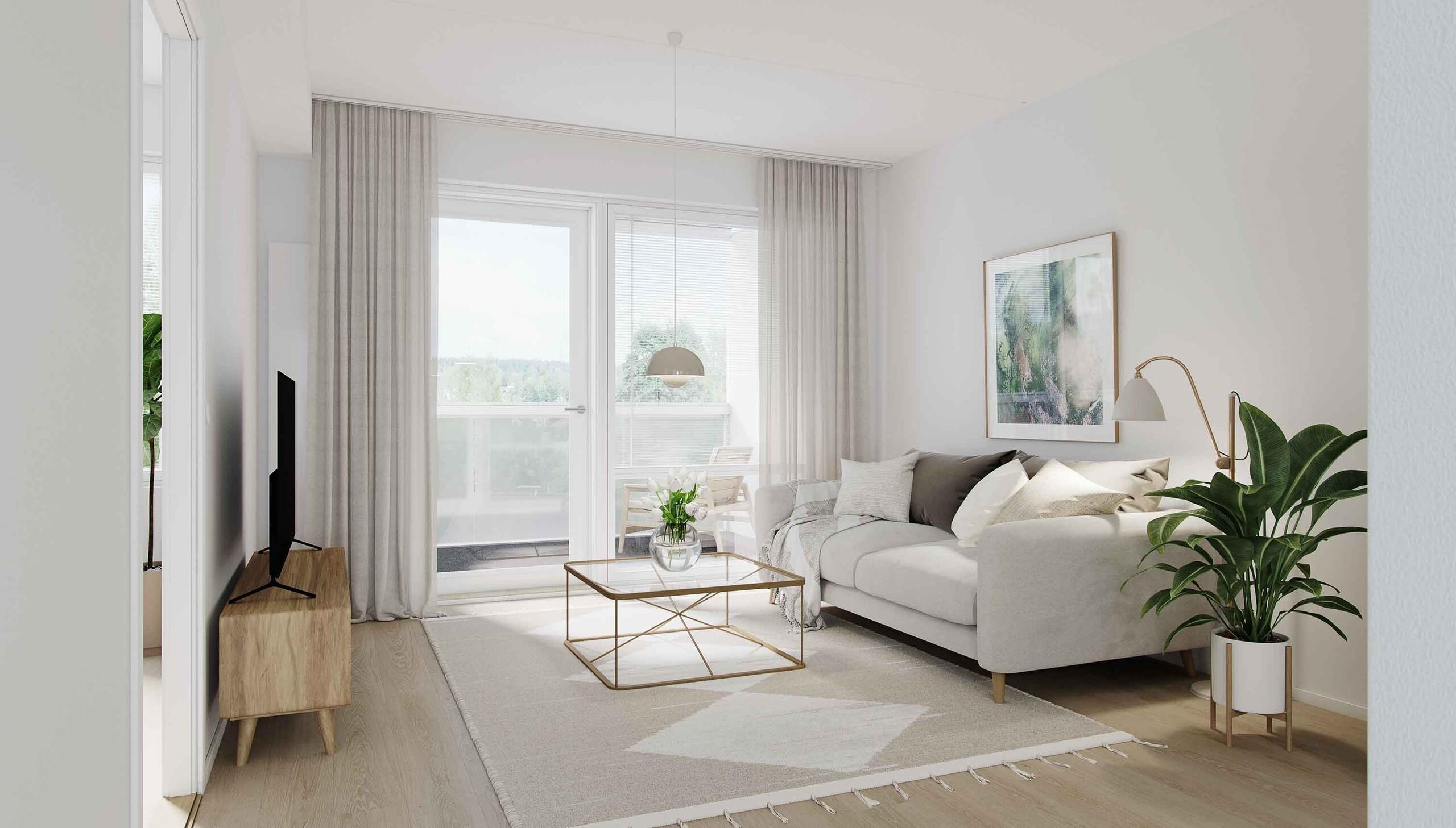 Havainnekuva asunnon olohuoneesta