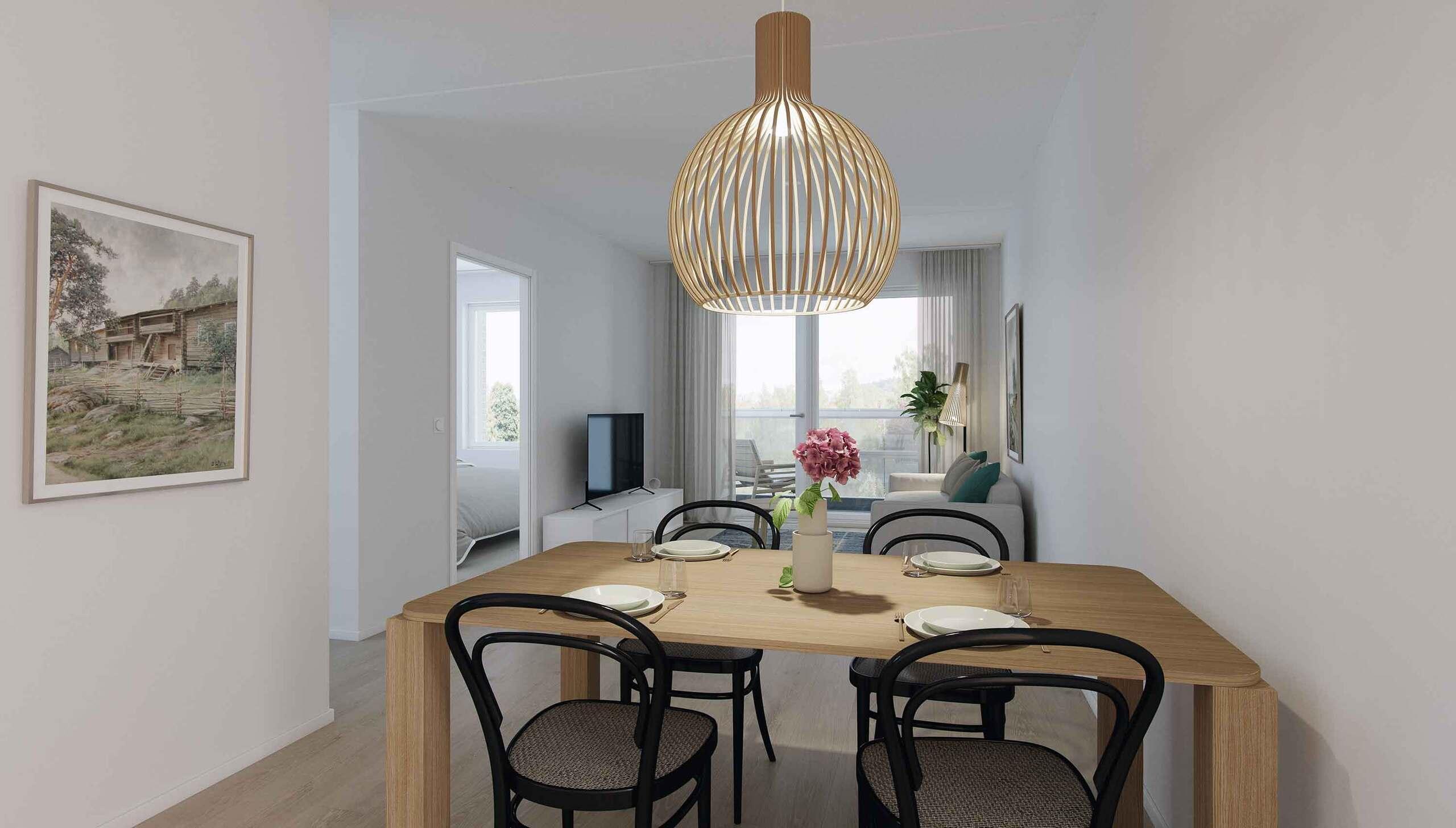 Havainnekuva asunnon olohuoneesta