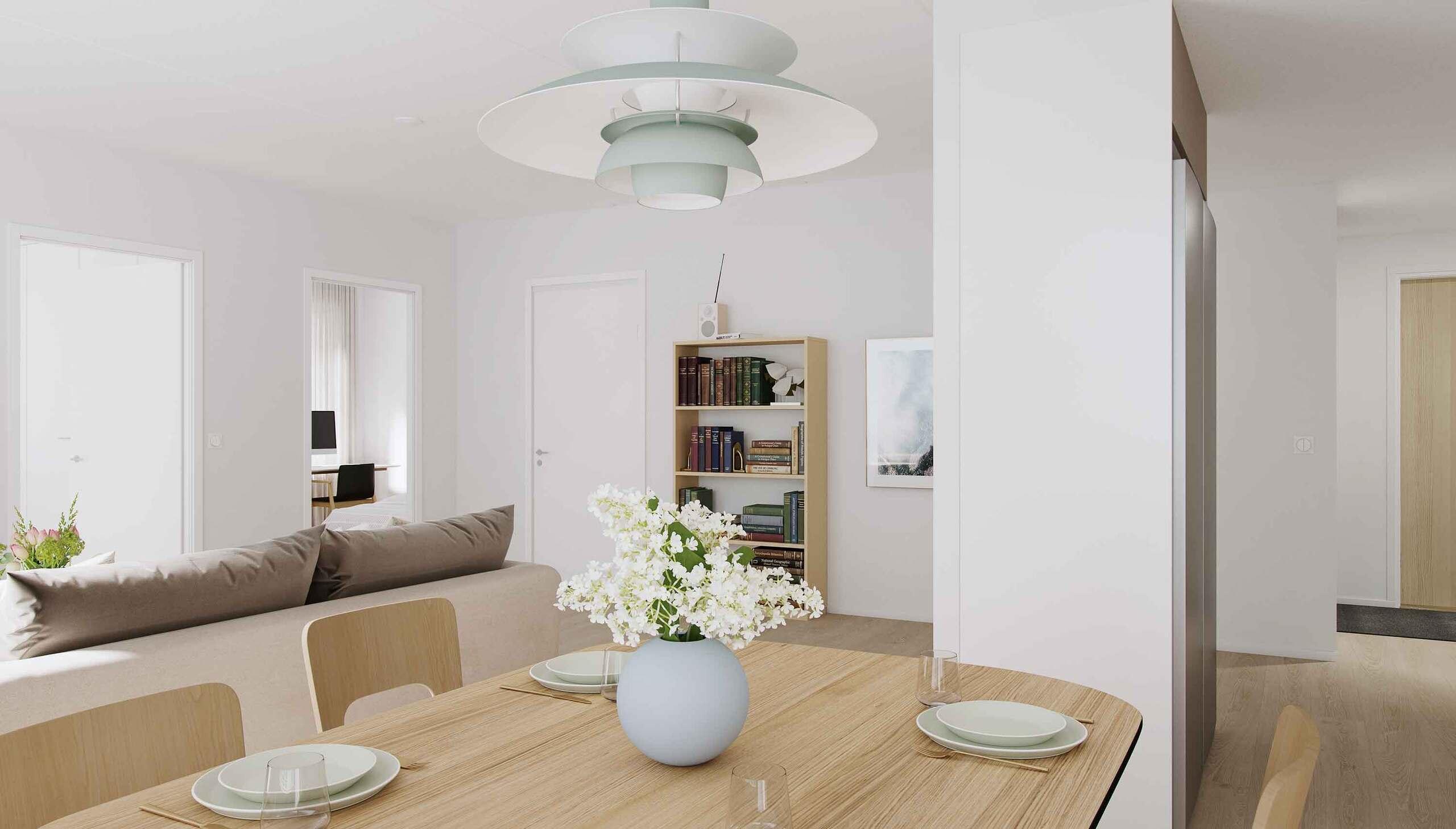 Havainnekuva asunnon ruokailutilasta ja olohuoneesta