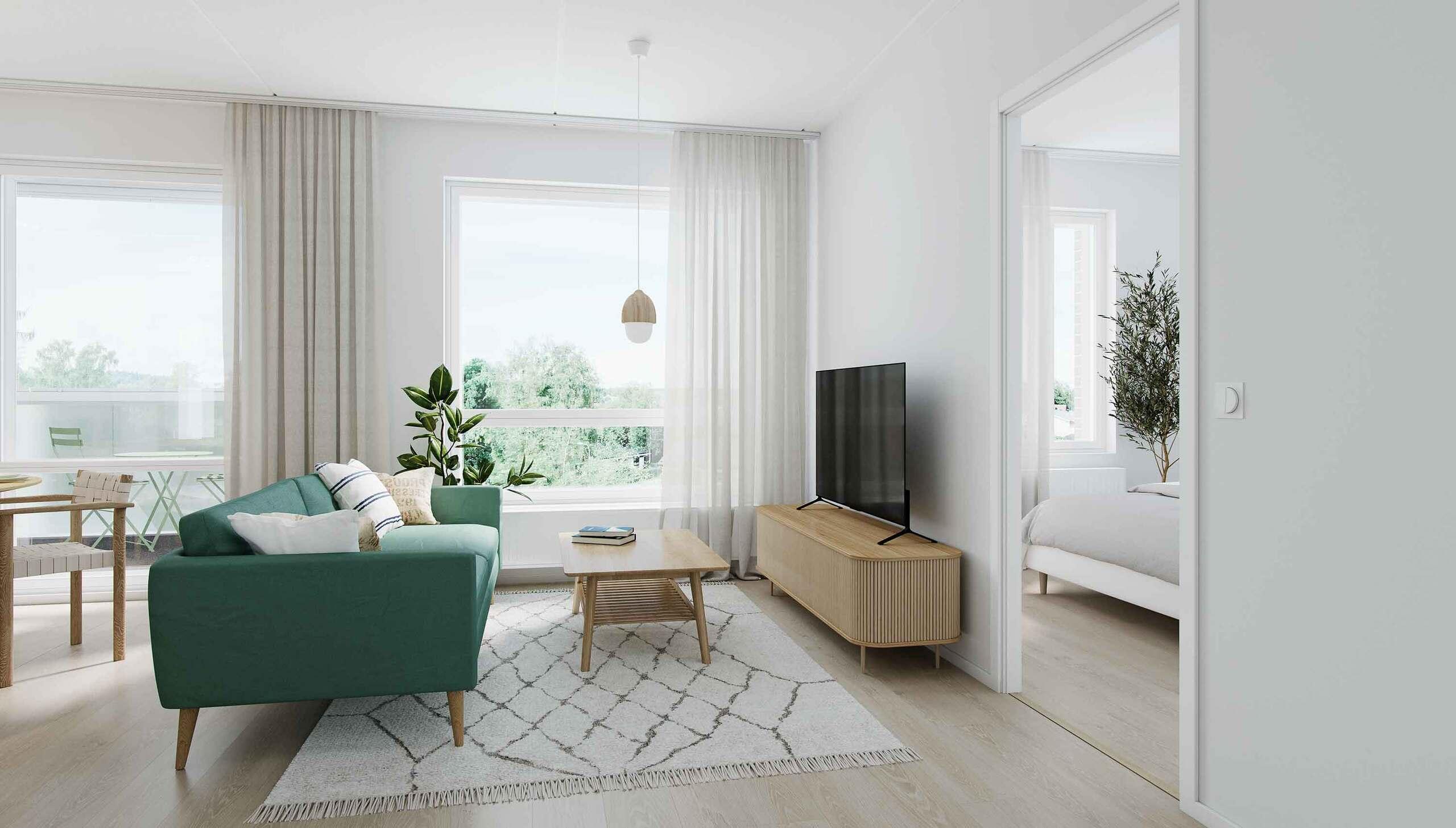 Havainnekuva asunnon olohuoneesta