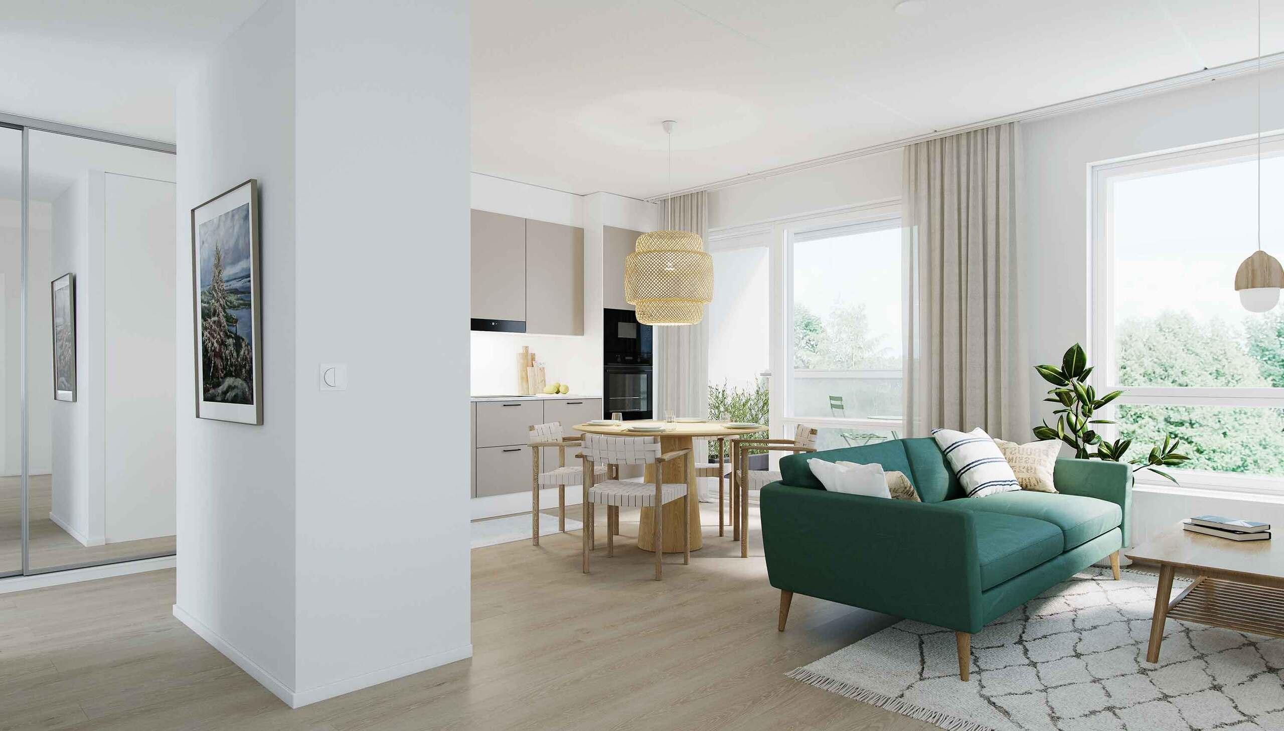 Havainnekuva asunnon olohuoneesta ja keittotilasta