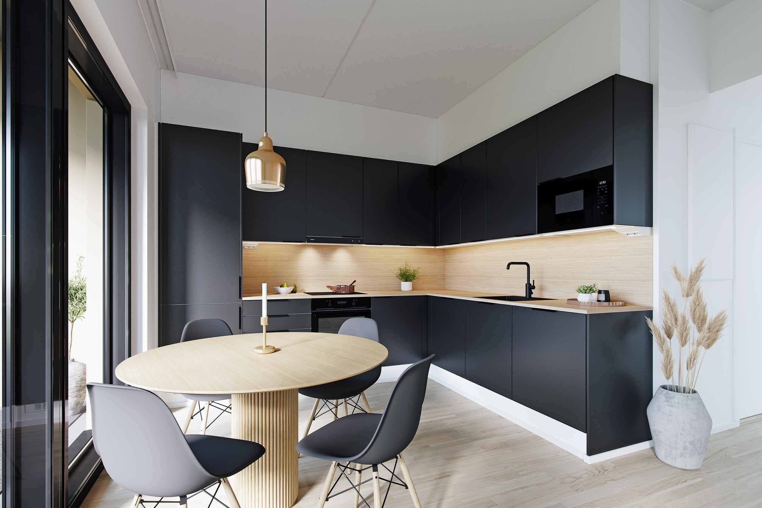 Villojen asuntojen musta keittiö