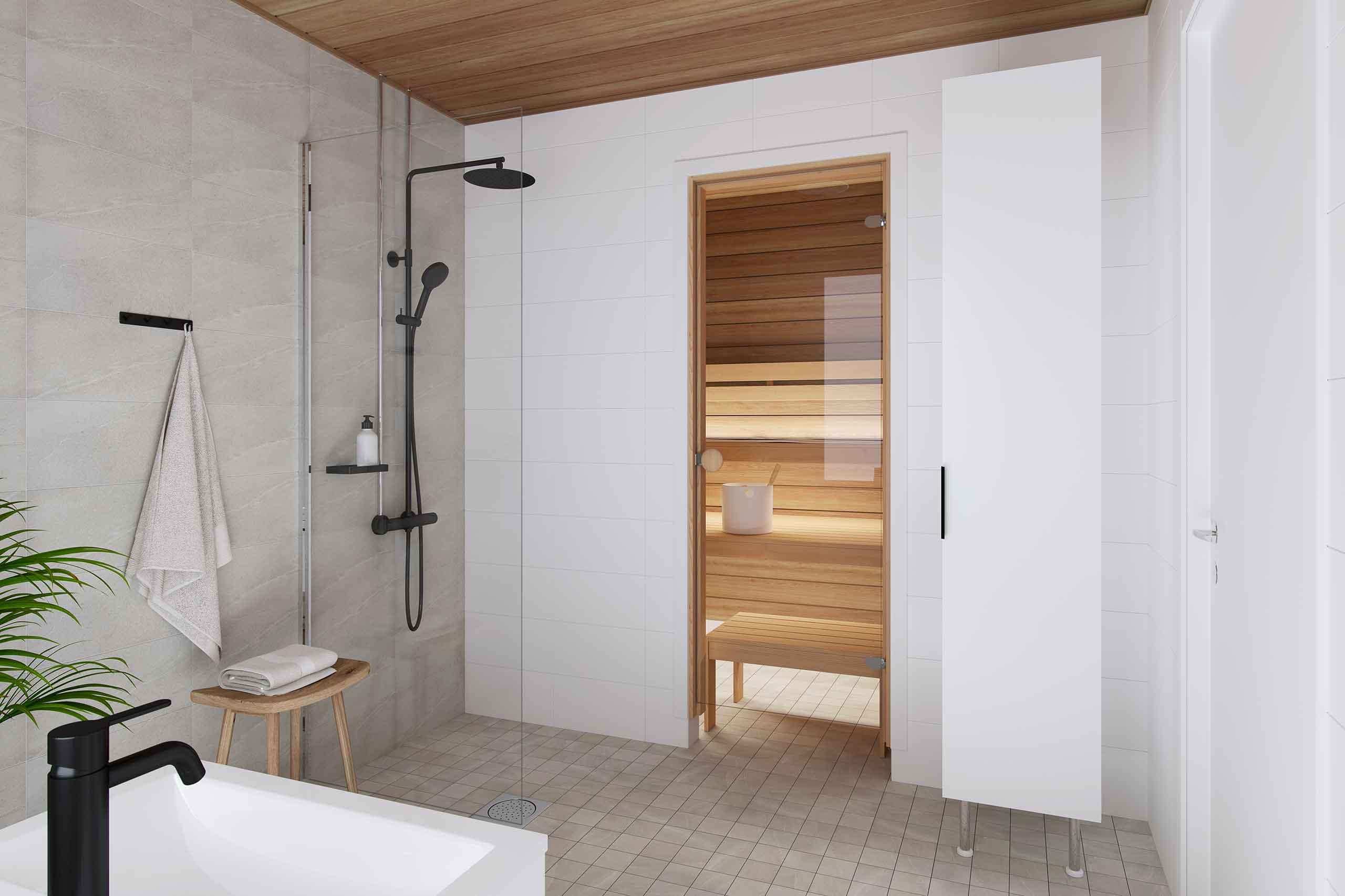 Villojen asuntojen kylpyhuone hiekansävyisillä yksityiskohdilla