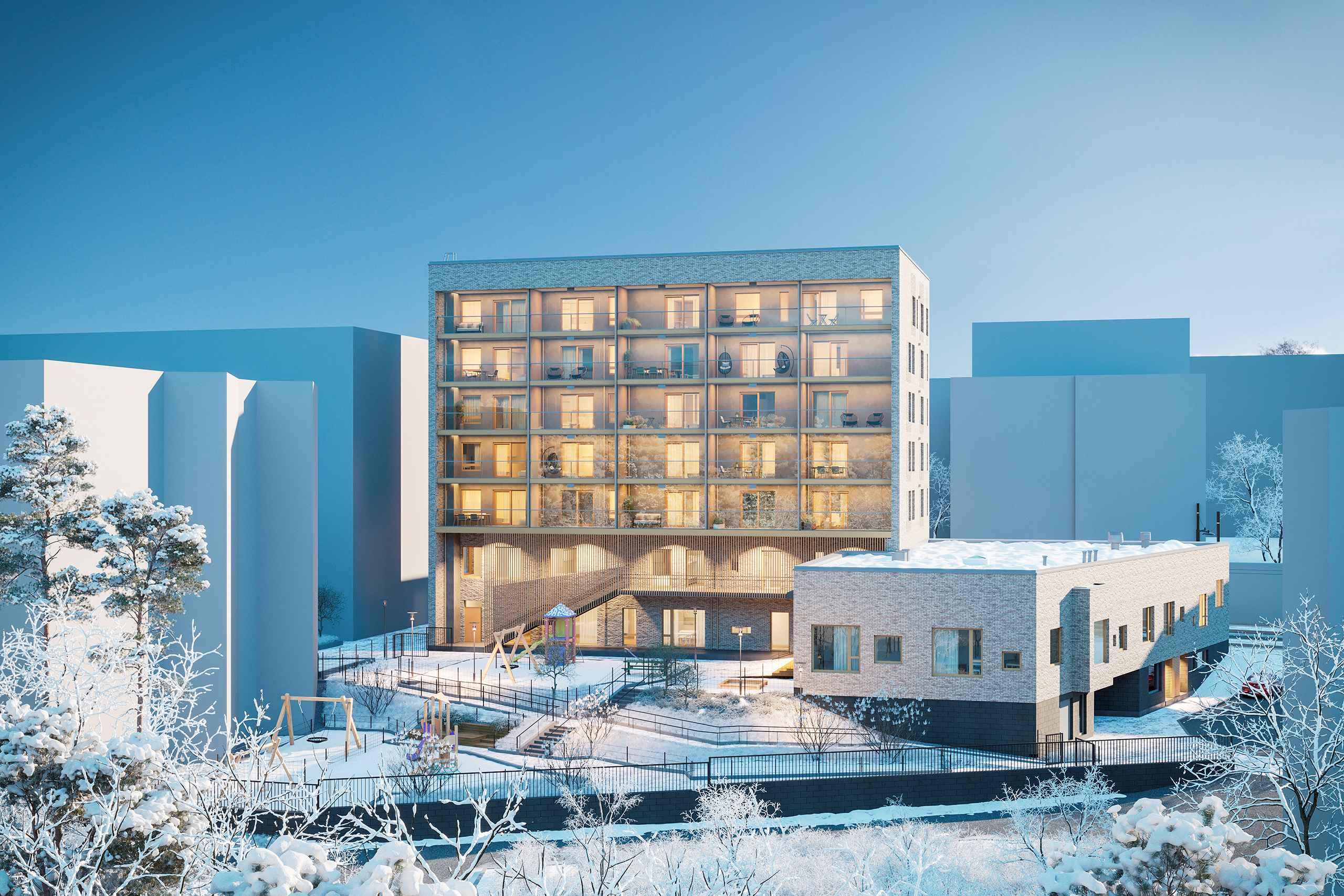 Asunto Oy Helsingin Fillaristi keskuspuiston puolelta