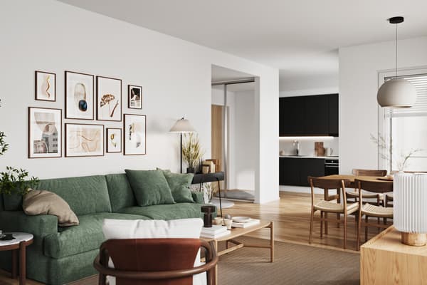 Visualisointikuva 3h+k+s 63,5m2 olohuoneesta