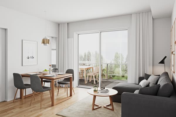 Visualisointikuva 2h+kt 34,5m2 oleskelutilasta