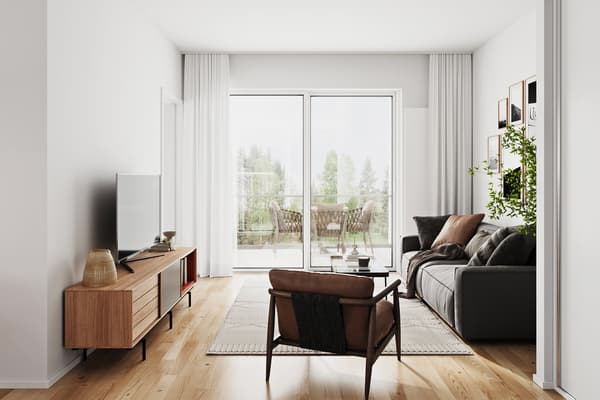 Visualisointikuva 2h+kt+s 47m2 oleskelutilasta