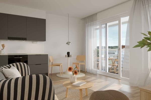 Visualisointikuva asunnon keittotilasta ja olohuoneesta