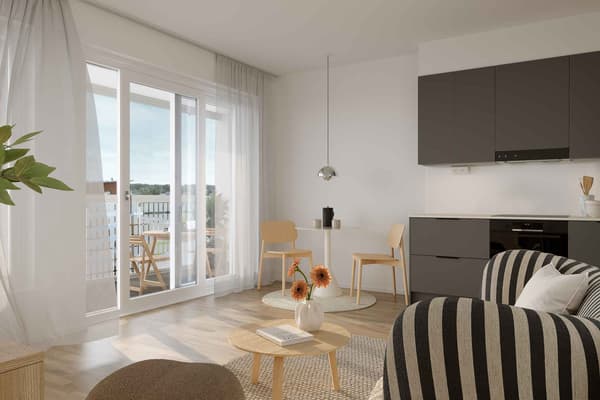 Visualisointikuva asunnon keittotilasta ja olohuoneesta