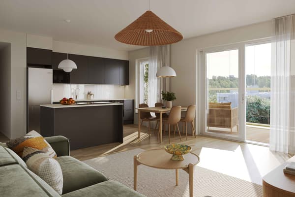 Visualisointikuva asunnon keittotilasta ja olohuoneesta