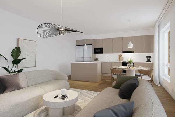 Havainnekuva olohuoneesta ja keittiöstä