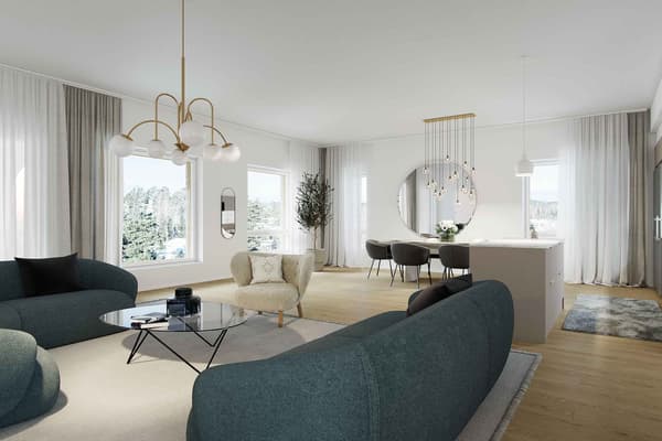 Havainnekuva asunnon olohuoneesta