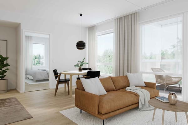 Havainnekuva asunnon olohuoneesta