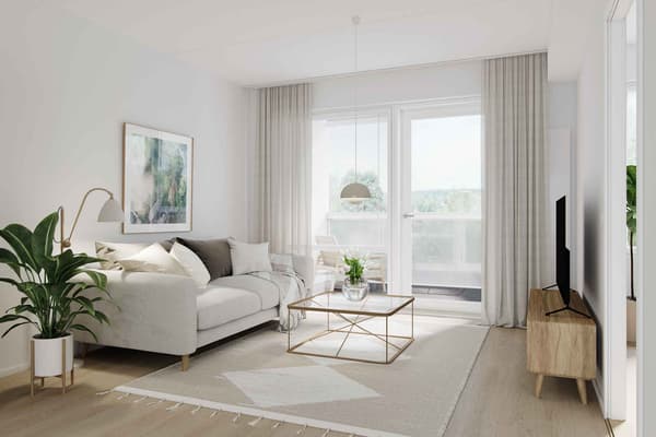 Havainnekuva asunnon olohuoneesta