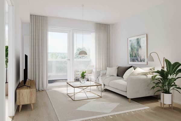 Havainnekuva asunnon olohuoneesta