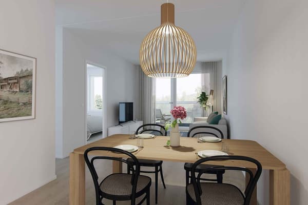 Havainnekuva asunnon olohuoneesta