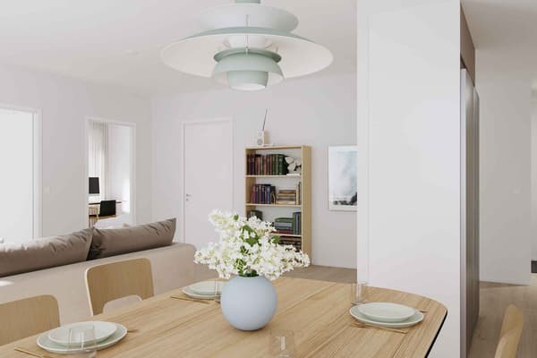 Havainnekuva asunnon ruokailutilasta ja olohuoneesta