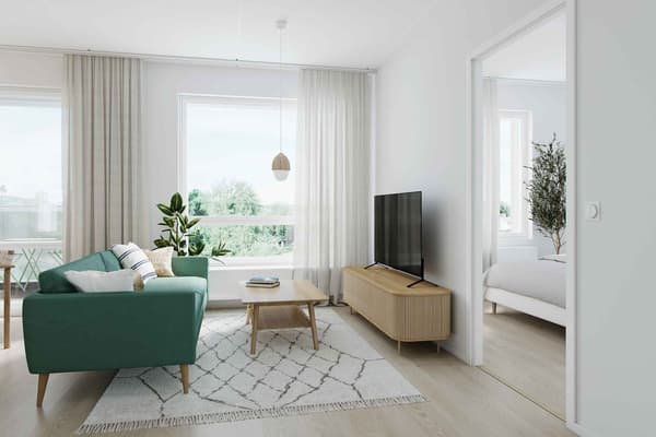 Havainnekuva asunnon olohuoneesta