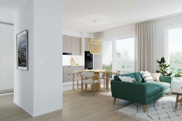 Havainnekuva asunnon olohuoneesta ja keittotilasta