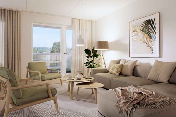 Havainnekuva asunnon olohuoneesta