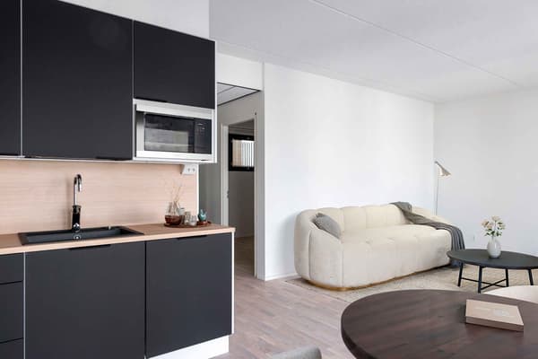 Digitaalisesti sisustettu kuva asunnon olohuoneesta ja keittotilasta