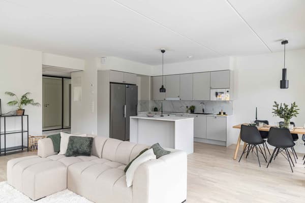 Villojen esittelyasunnon olohuone ja keittotila