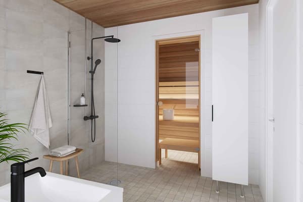 Villojen asuntojen kylpyhuone hiekansävyisillä yksityiskohdilla